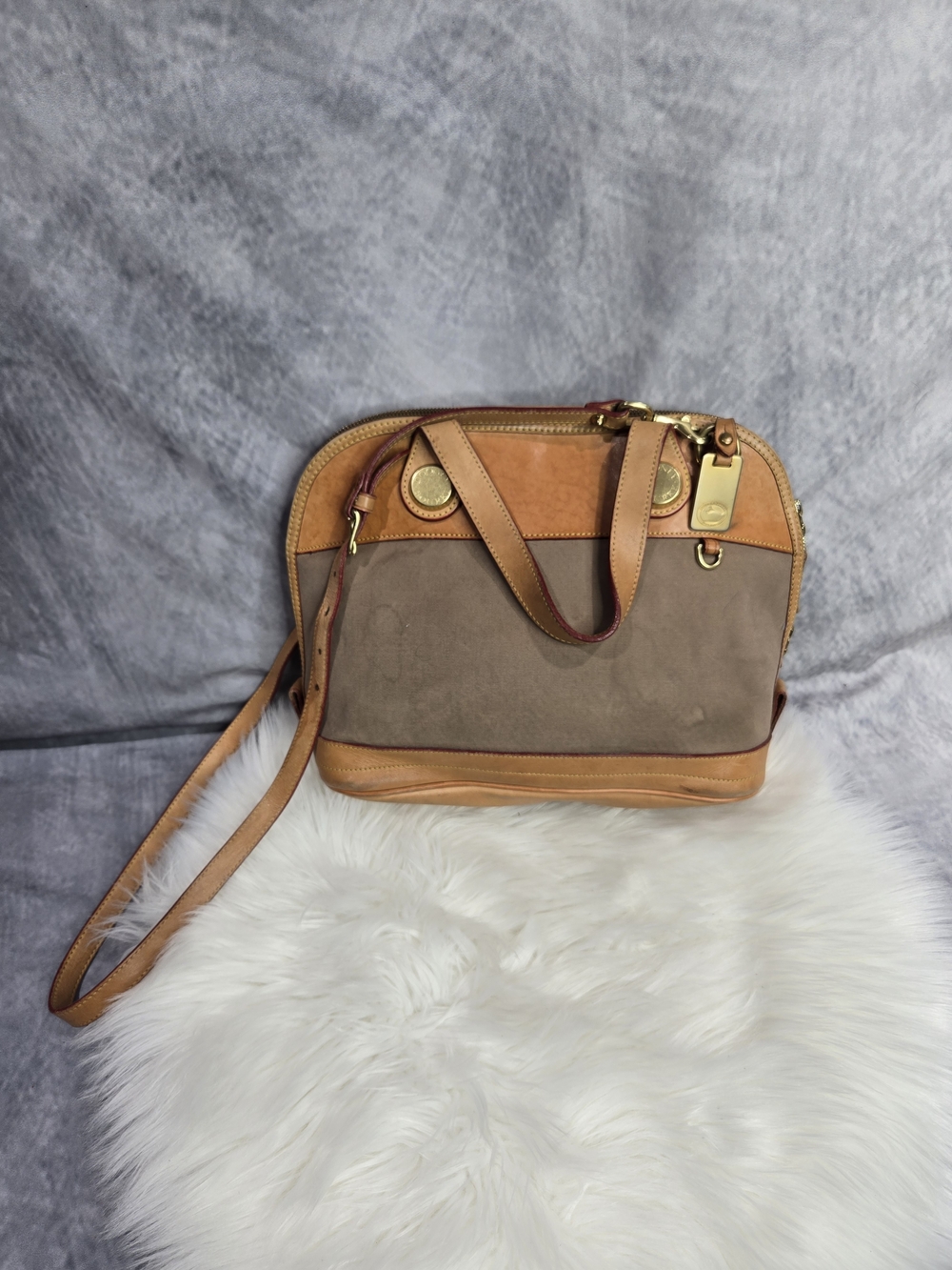 vintage Dooney & Bourke Cabriolet satchel featuring tan leather and brown canvas
